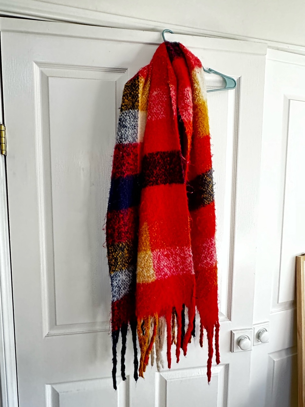 Free People Multicolor Plaid Fringe Scarf - Red, Yellow, Blue, Black, Cream